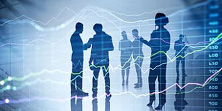 Business figures in silhouette observing a stock chart, representing the dynamics of finance and investment strategies.