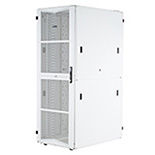 Data center cabinet with doors open, showing equipment and cabling systems inside