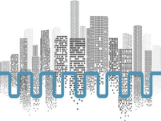 Dotted city skyline and blue pulse line through graphic