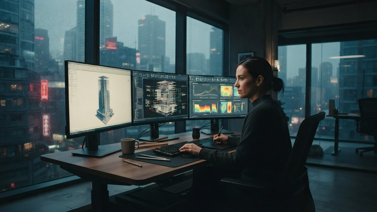 A woman works at three monitors, designing a smart building