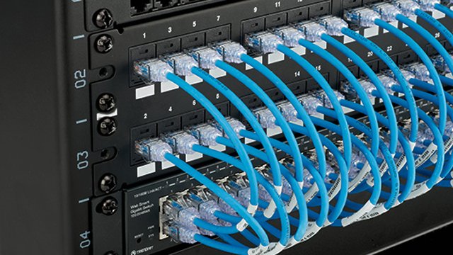 A Panduit patch panel with blue patch cords, connected to a networking switch.