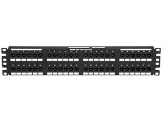 A 48-port copper patch panel with white spaces for labeling and brackets on the ends for mounting