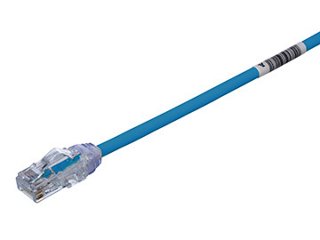 A blue copper patch cord with a clear plug on the end with small diameter cabling