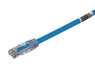 A blue copper patch cord with a clear plug on the end with small diameter cabling