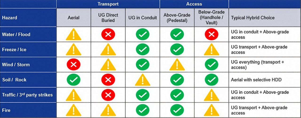 A table showing hazards to fiber deployment with red, yellow, and green indicators for where issues might occur