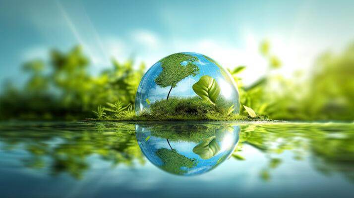 Water drop sitting on a body of water with light leaves reflecting through