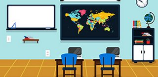 classroom with video screen, white board, and tools for learning