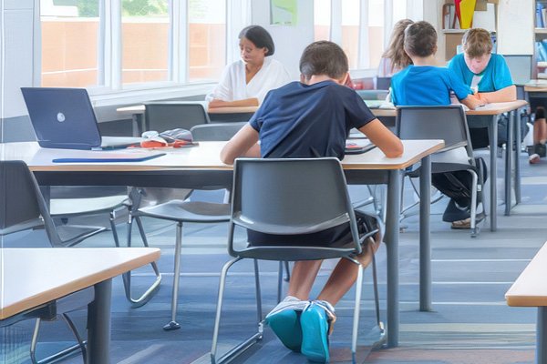 Students work at tables in a school library