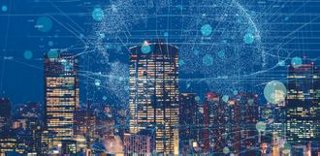 Buildings scattered throughout a data connection overlay