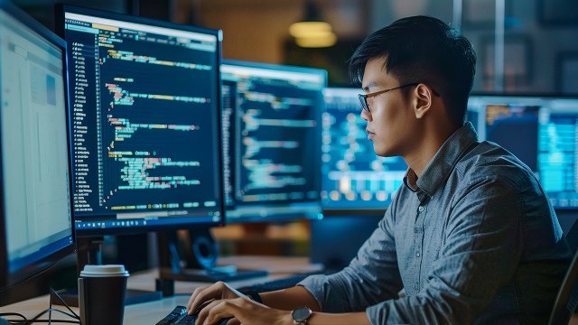Male cybersecurity professional working on digital security system 