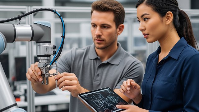 Male and female engineer working together in a modern lab, using a digital tablet to control a robotic arm