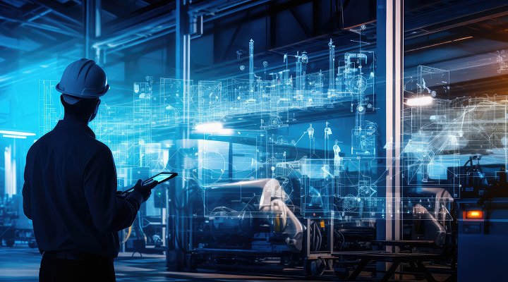 Silhouette engineer in industry 4.0 manufacturing with smart connect communication technology