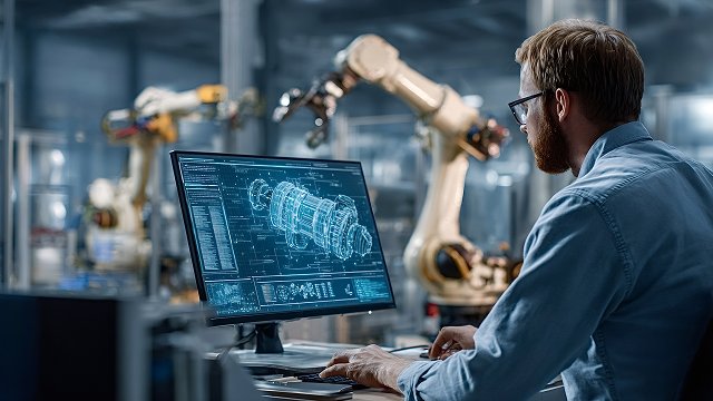 Male engineer working on computer with cad software with a 3d model of a complex robotic arm part in background