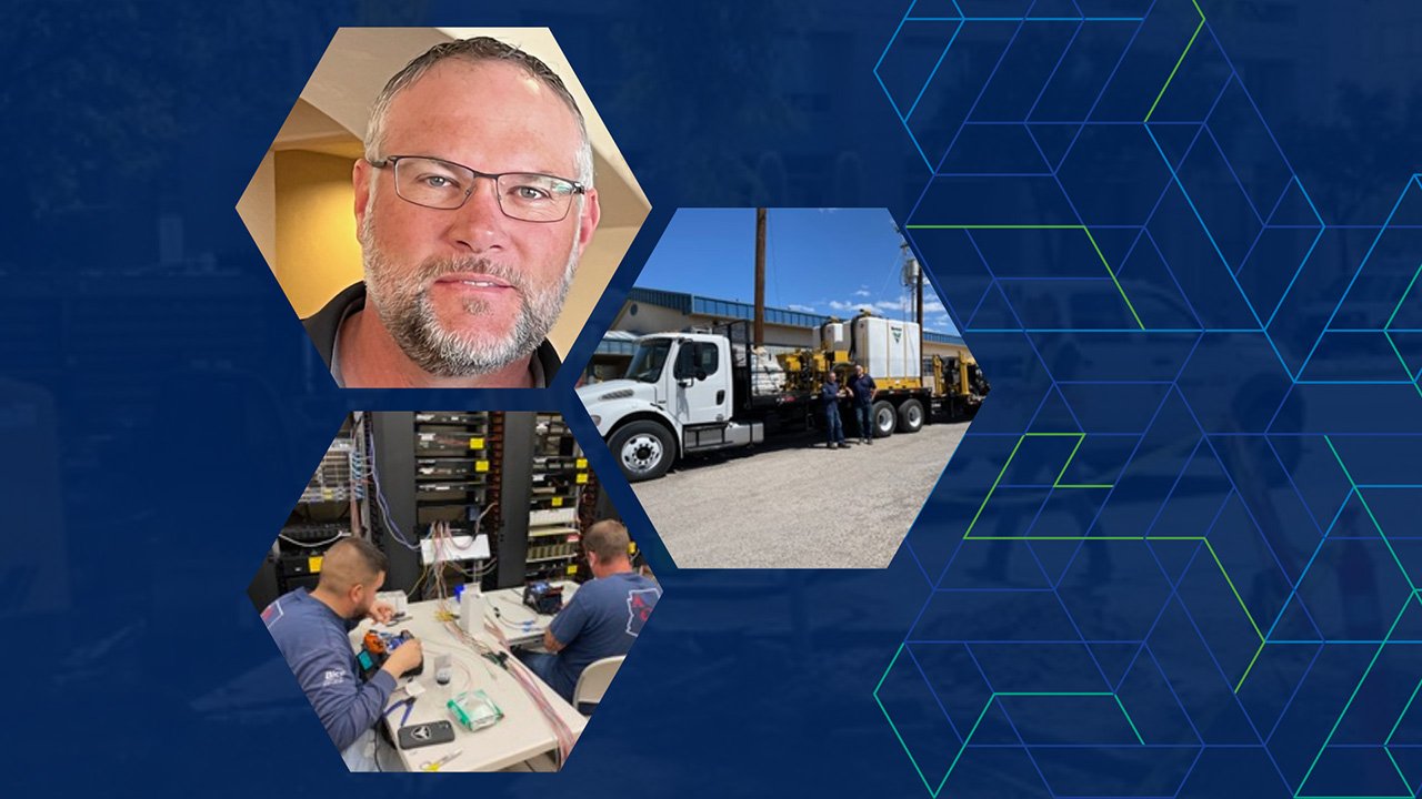 A montage of images against a dark blue background, including a man with glasses, two technicians installing cabling indoors, and a service truck for broadband fiber work
