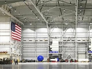Military airplane hanger with American flag