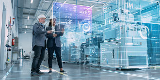 Business employees in smart industrial building