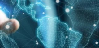 Person touching a world map that shows connecting points throughout