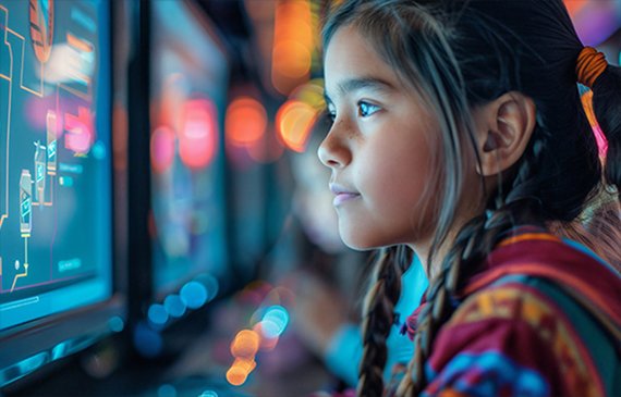 Native American girl looking at a computer screen