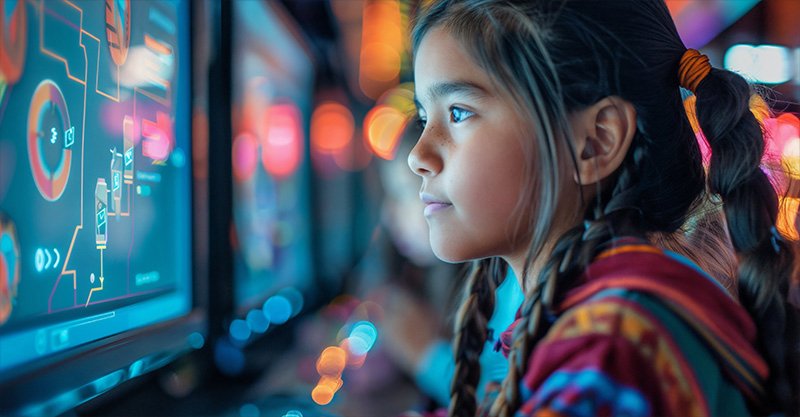 Native American girl looking at computer screen