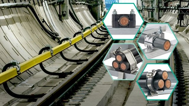 Product images of Panduit cable cleats in hexagon with a track background
