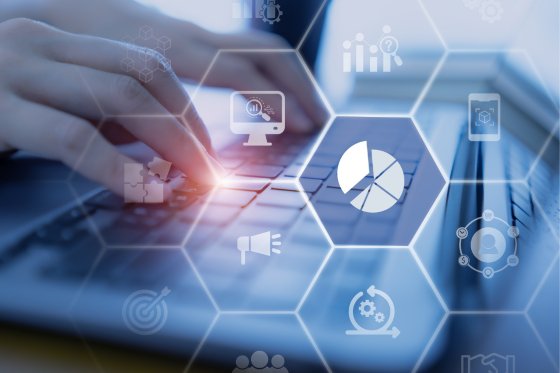 Business planning tools shown across a 3D screen