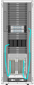 Inside a Panduit cabinet that is showing the ease of cable management using Panduit’s 16-Fiber to 8 2-Fiber SN® assemblies in conjunction with the Port Replication Cassette