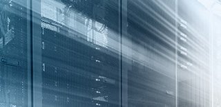 Abstract view of data center cabinets that are loaded with networking equipment