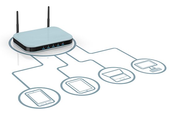 A wireless access point with drawings of various devices that connect via wi-fi