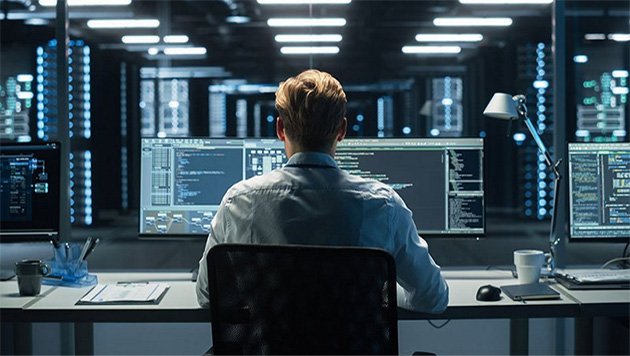 A man works in front of computer monitors in a data center operations room