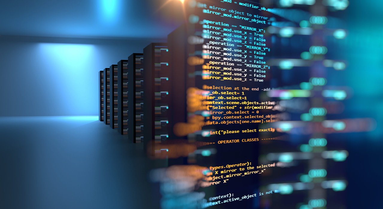 server room 3d illustration with node base programming data  design element.concept of big data storage and  cloud computing technology.