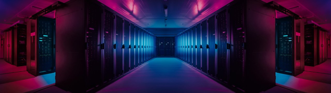 Wide-Angle Panorama Shot of a Working Data Center With Rows of Rack Servers. Red Emergency Led Lights Blinking and Computers are Working. Dark Ambient Light.