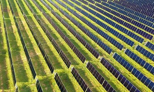Solar plant aerial view outside in field  
