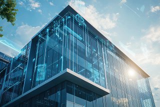 Modern glass office building with digital data overlay and sunlight.