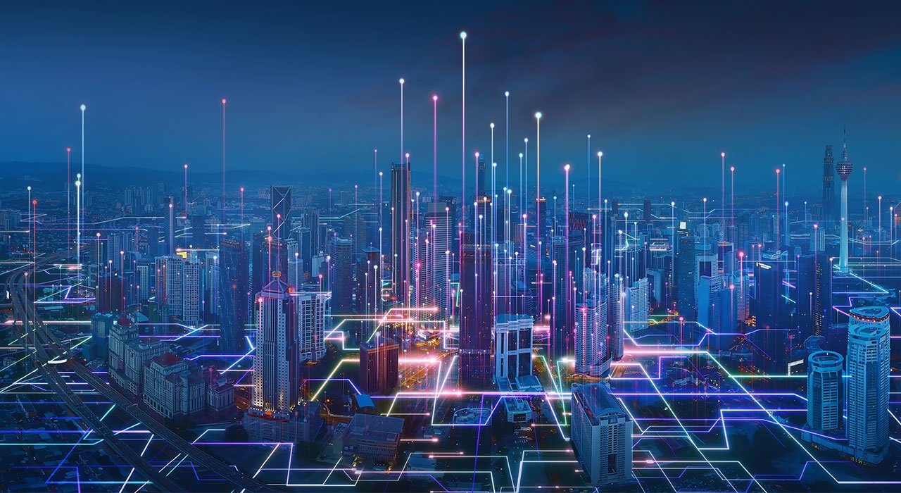 Smart city and abstract line and dot connect with gradient line design , big data connection technology concept. 3d render