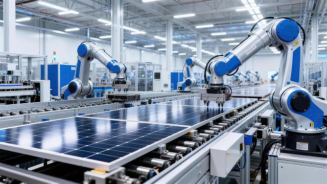 Modern smart factory workshop, where robotic arms assemble