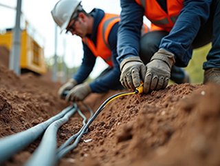 Utility workers in safety equipment work with cables in a trench