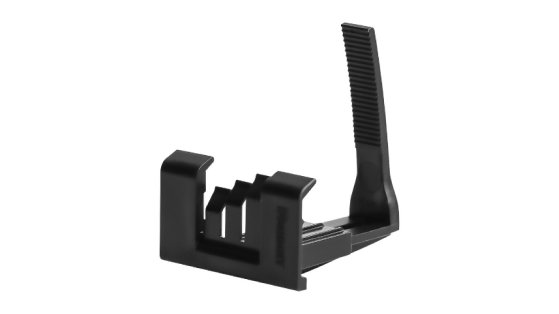 Black metal shelf against a black background, showcasing wire basket overhead cable tray routing