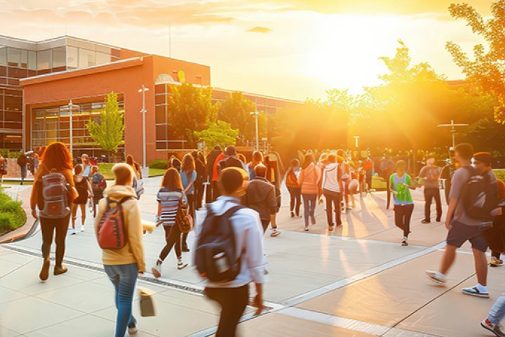 Students walking on a campus with a school building in the background