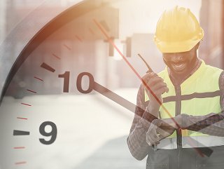 A man in a hard hat and vest talking on a walkie-talking, overlaid with a clockface