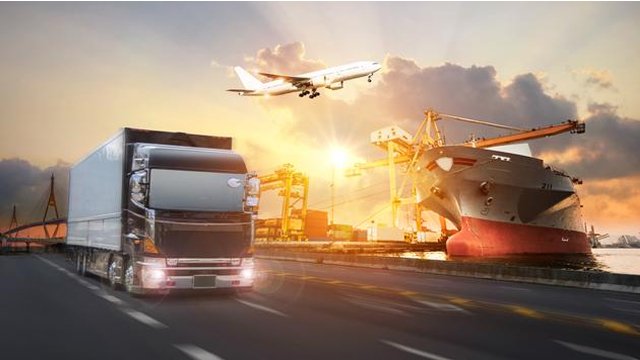 An image showing multiple methods of transportation including a truck, plane and cargo ship.