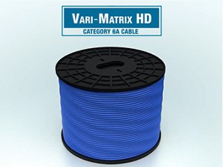 Blue copper cabling spooled on a black reel