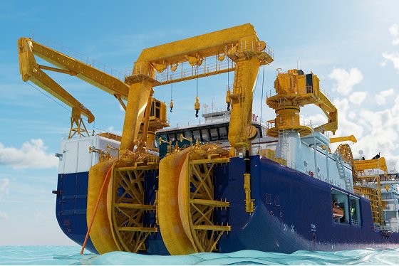Vessel laying subsea communication cable with Panduit UraProtect installed