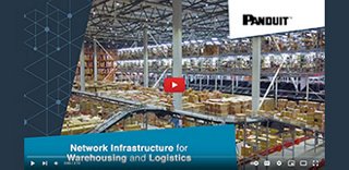 Background image of a warehouse with conveyors and stacks of boxes, with a video play button