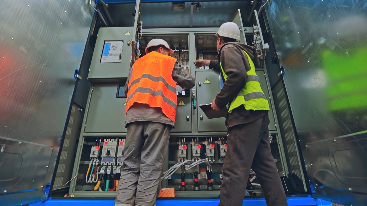 Men in orange and green vests with white helmets in a control panel electrical facility