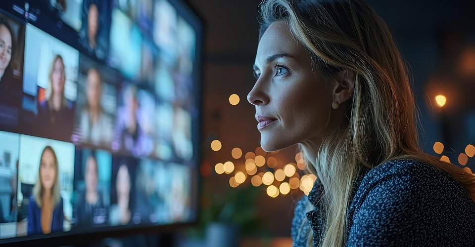 A woman leading a hybrid meeting with virtual participants visible on large screen.