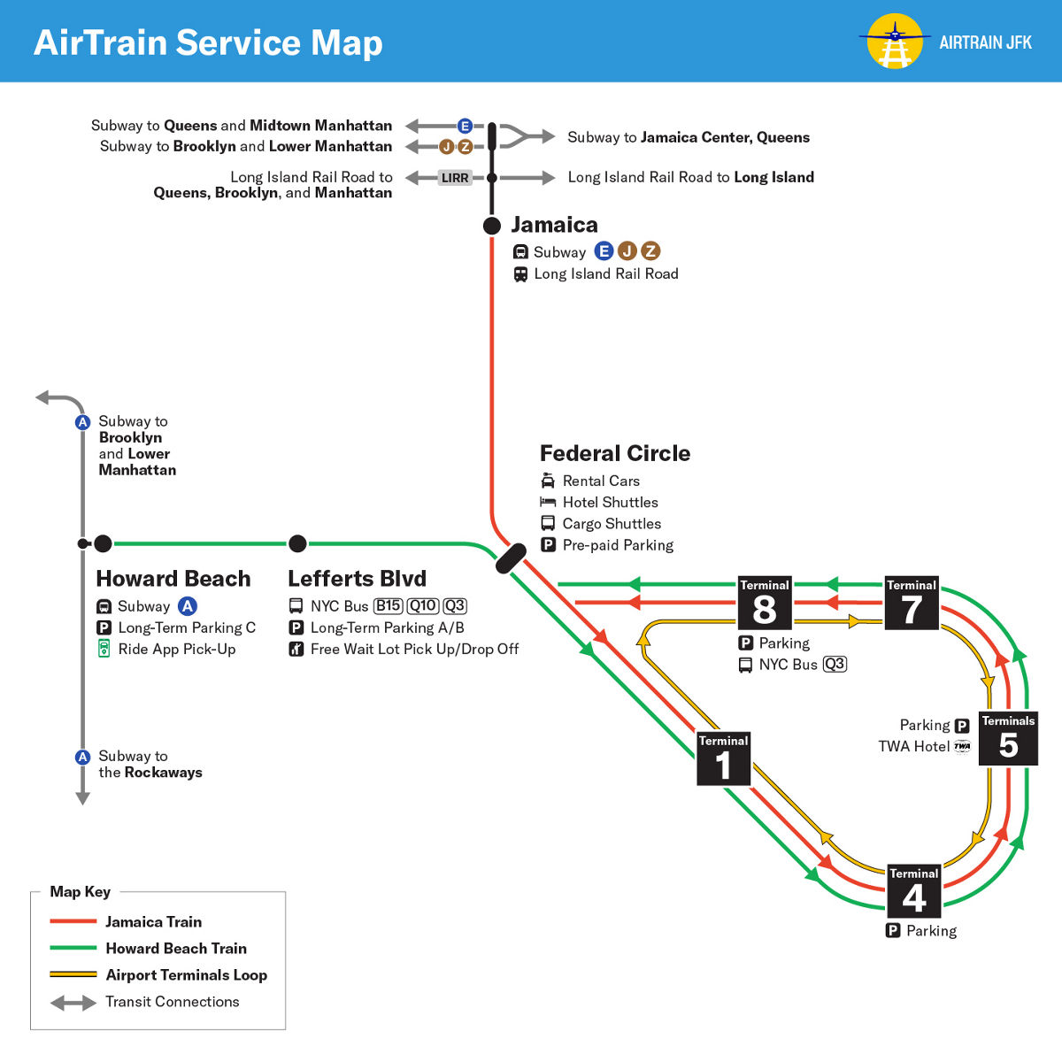 A map of JFK's AirTrain route system