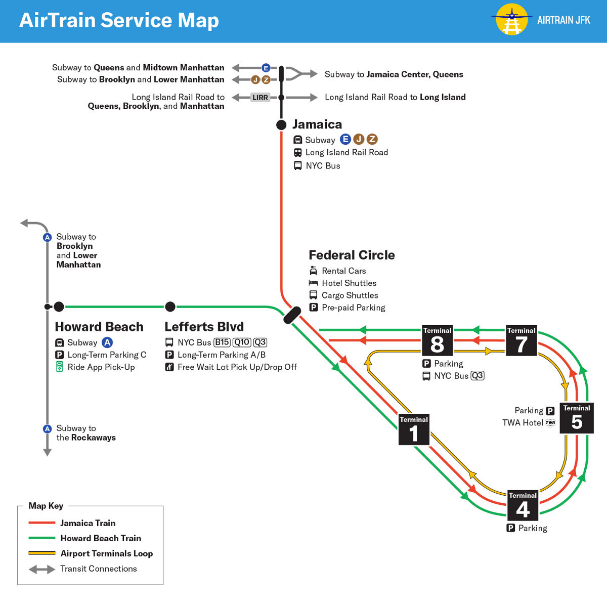 A map of JFK's AirTrain route system