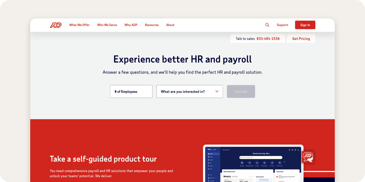 Screenshot of ADP homepage.