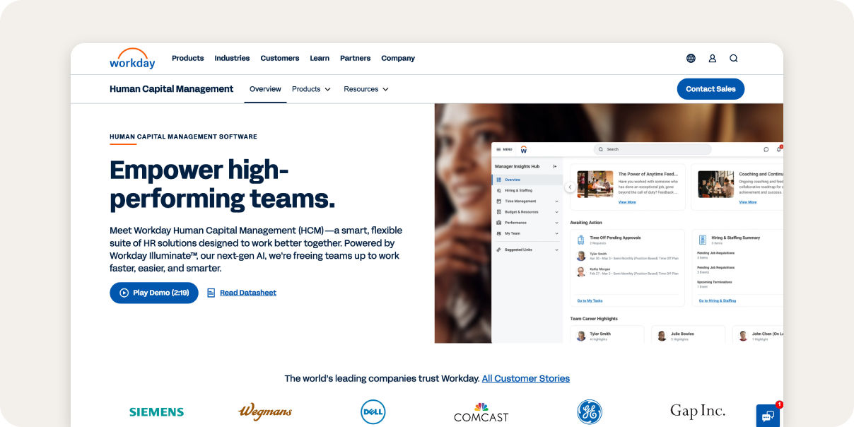 Screenshot of Workday HCM homepage.