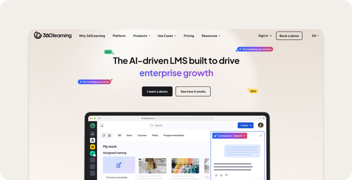 360Learning homepage.